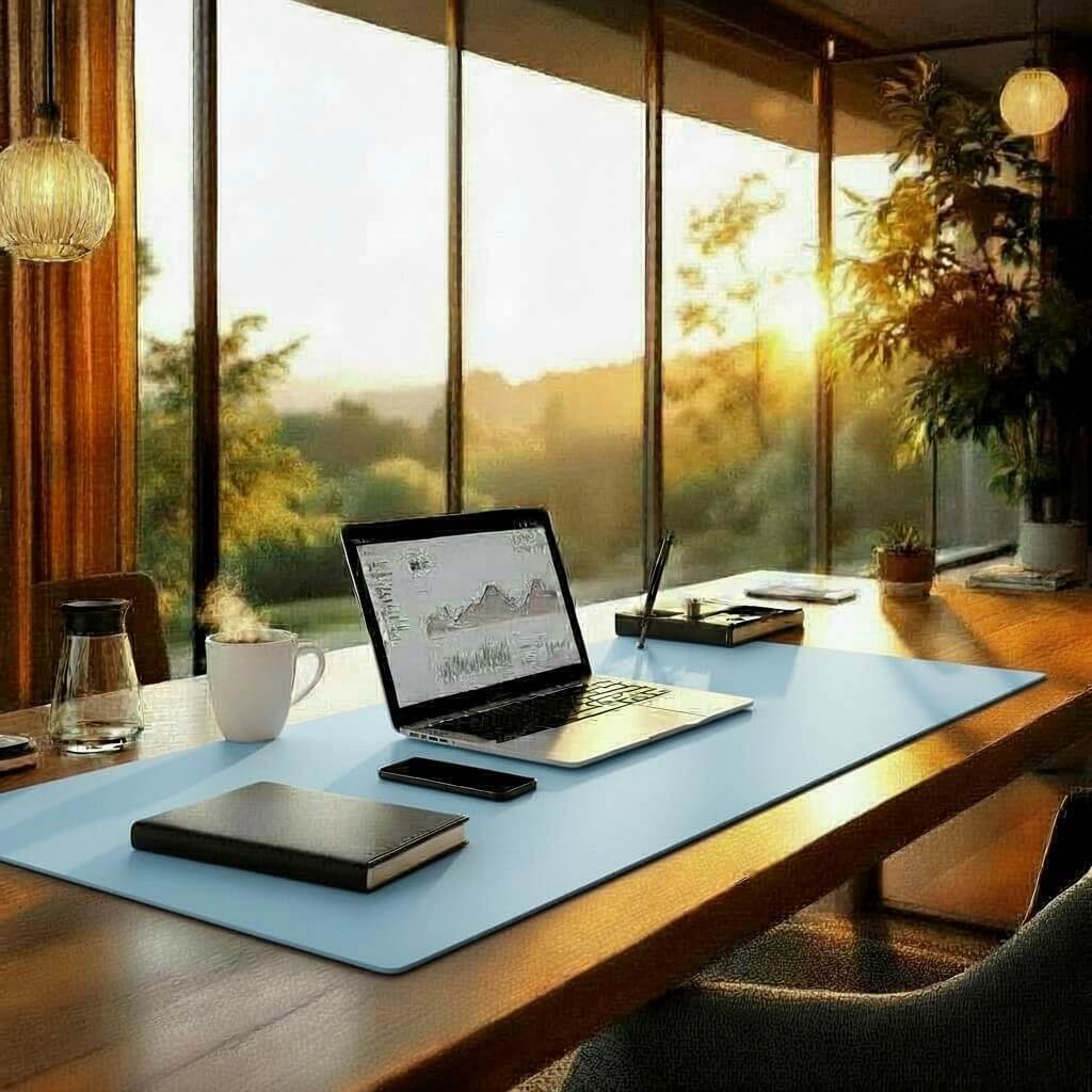 Calming Blue Office Desk Mat - Large Anti-Slip Writing Pad for Home Office and Study
